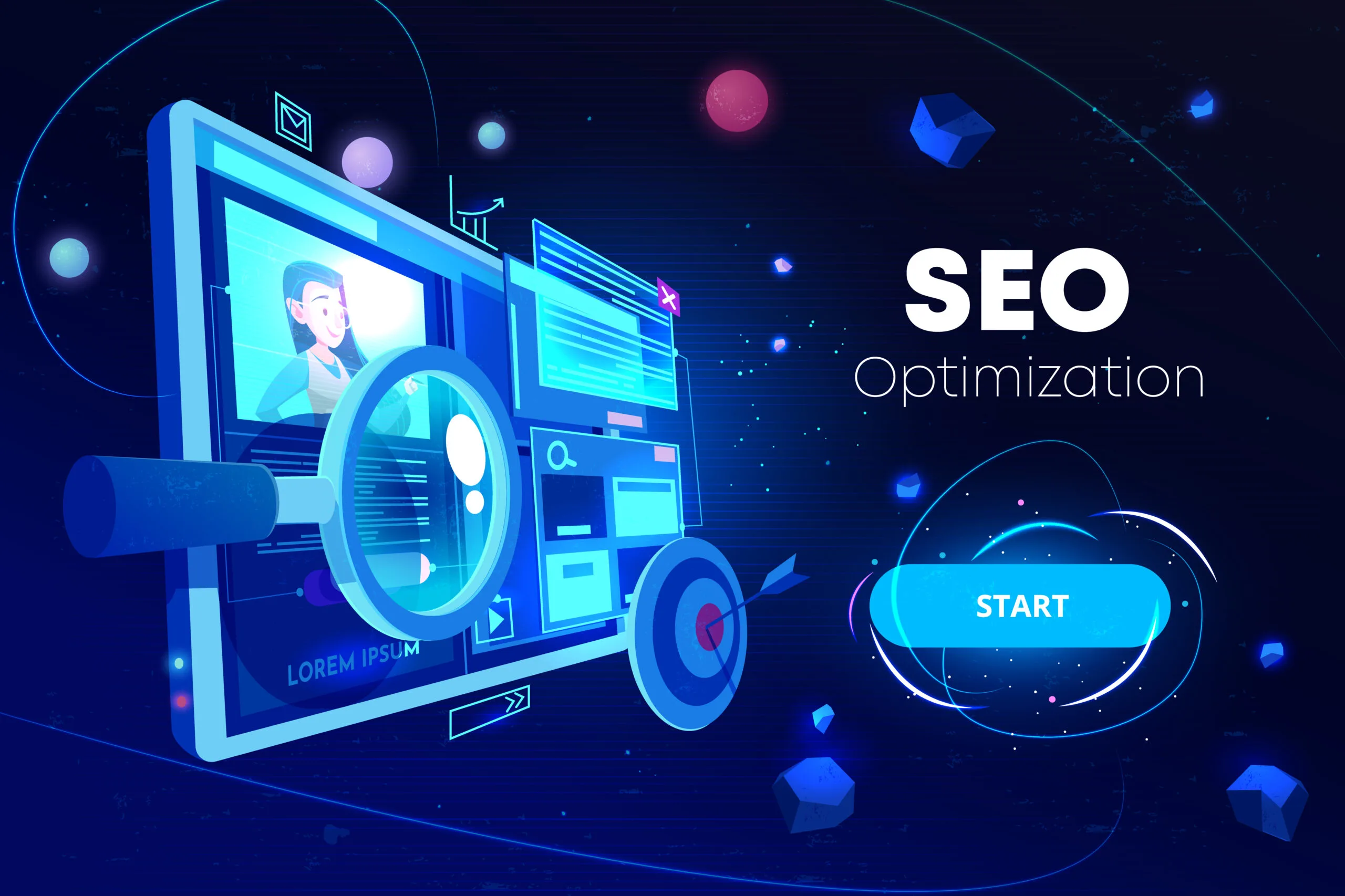 Seo optimization banner, marketing business technology, monitor with data analysis platform on screen, website research, neon glowing futuristic background. Cartoon vector illustration, landing page